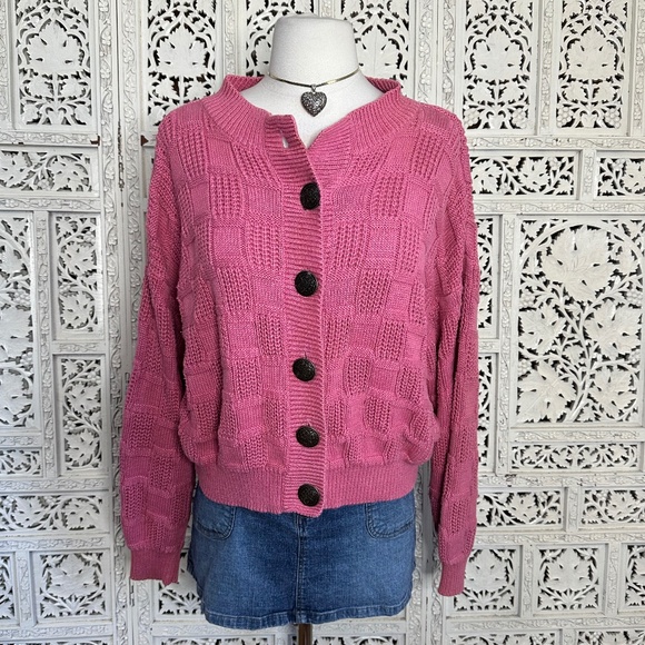 Vintage Express Pink Chunky Coquette Granny Button Up Cardigan Sz Medium - Picture 1 of 8